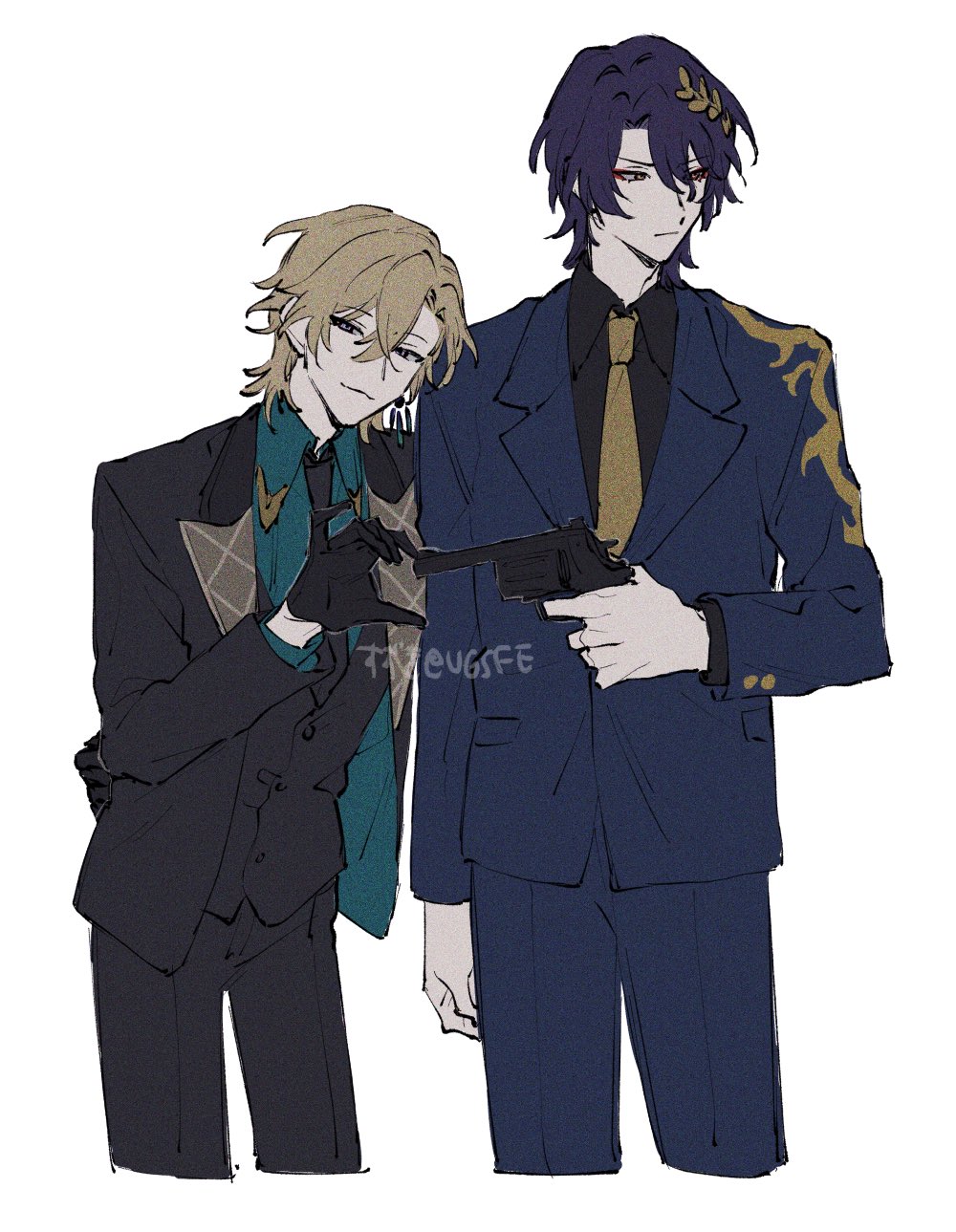 2boys, :3, aventurine_(final_victor)_(honkai:_star_rail), aventurine_(honkai:_star_rail), blonde_hair, blue_hair, collared_shirt, dr._ratio_(honkai:_star_rail)