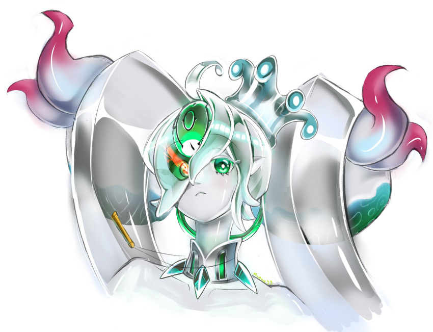 1girl, close-up, collarbone, colored_skin, crown, duel_monster, eye_trail, glowing