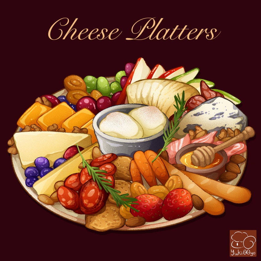 almond, apple, artist_logo, blueberry, bread, brown_background, carrot, cheese, cream_cheese, food, food_focus, food_name, fruit, grapes, highres, honey, meat, no_humans, nut_(food), original, salami_(food), vegetable, yuki00yo