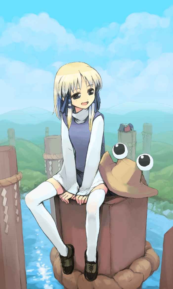 blonde_hair, blue_hair, blue_sky, cloud, clouds, hand_between_legs, hat, hat_removed, headwear_removed, ingen, kurobuta_gekkan, lake, light_smile, lying, lying_on_side, moriya_suwako, mountain, multicolored_hair, on_side, onbashira, open_mouth, short_hair, sitting, sitting_on_object, sky, smile, thighhighs, touhou, two-tone_hair, yasaka_kanako, zettai_ryouiki