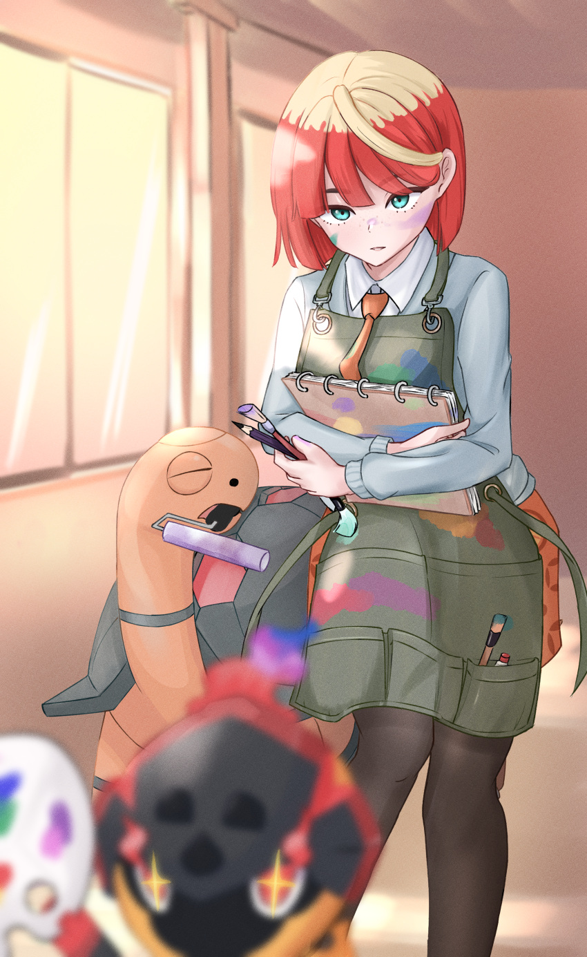 1girl, absurdres, ahoge, apron, blonde_hair, blurry, charcadet, collared_shirt