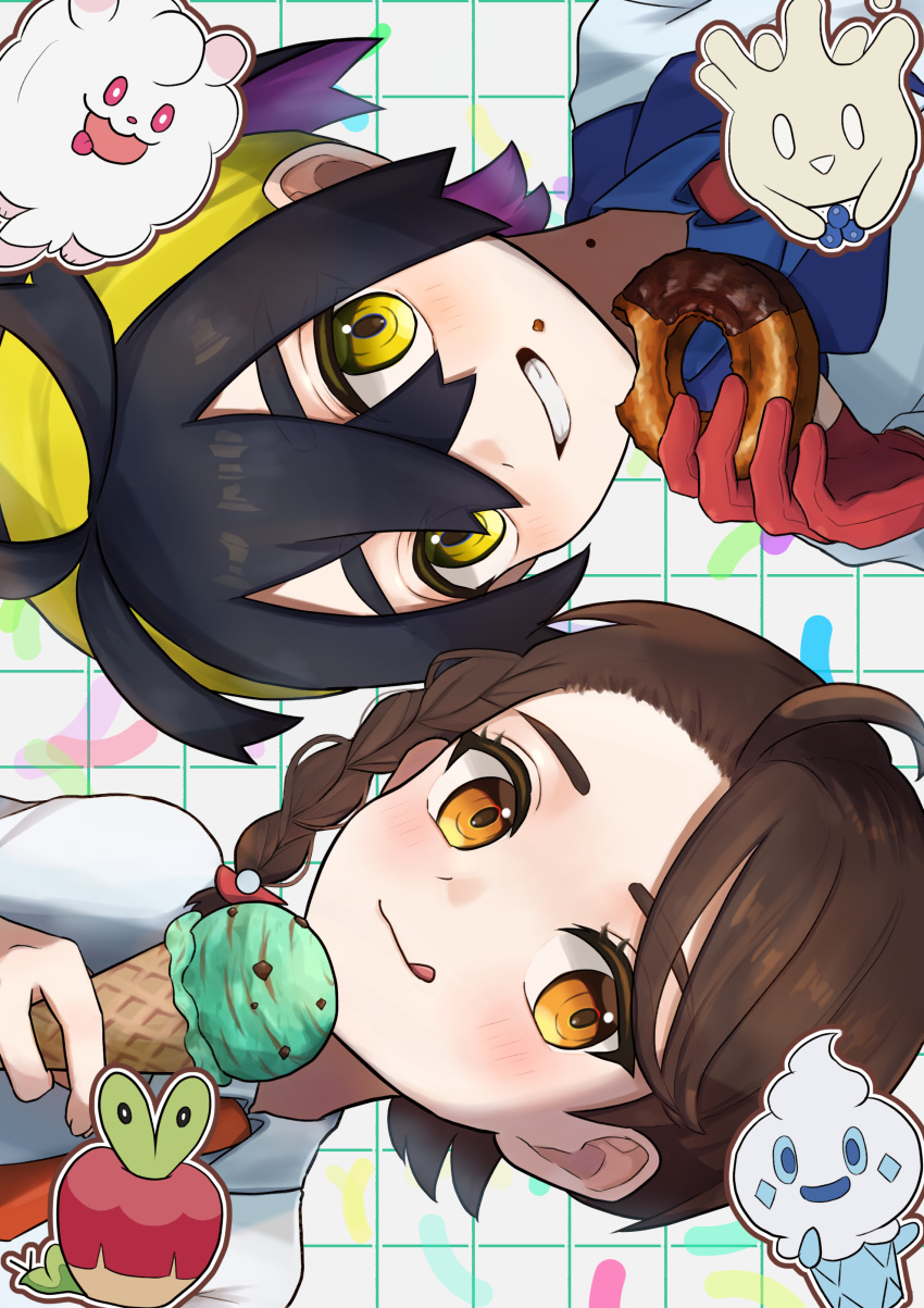 1boy, 1girl, :q, absurdres, applin, black_hair, blue_shirt, blush