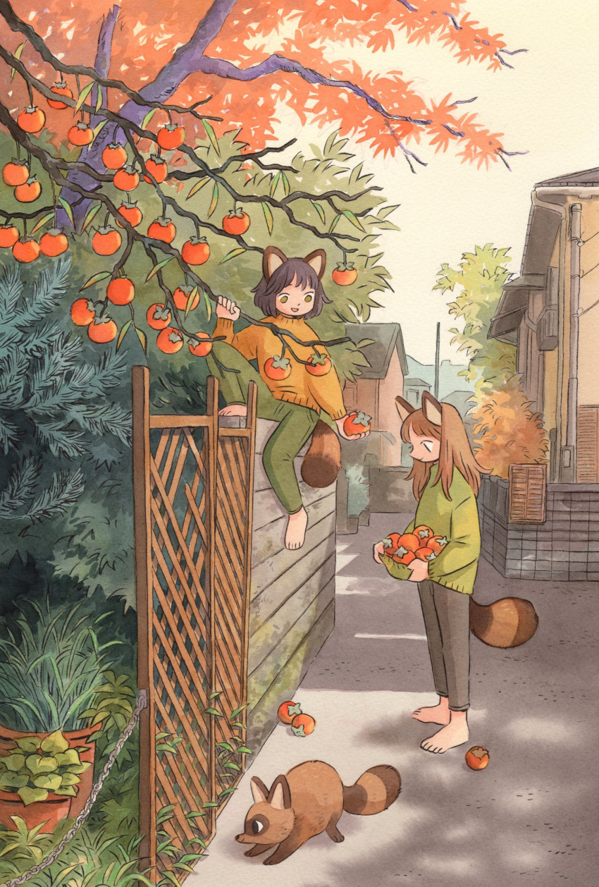 2girls, animal, animal_ears, autumn, autumn_leaves, barefoot, basket, black_hair