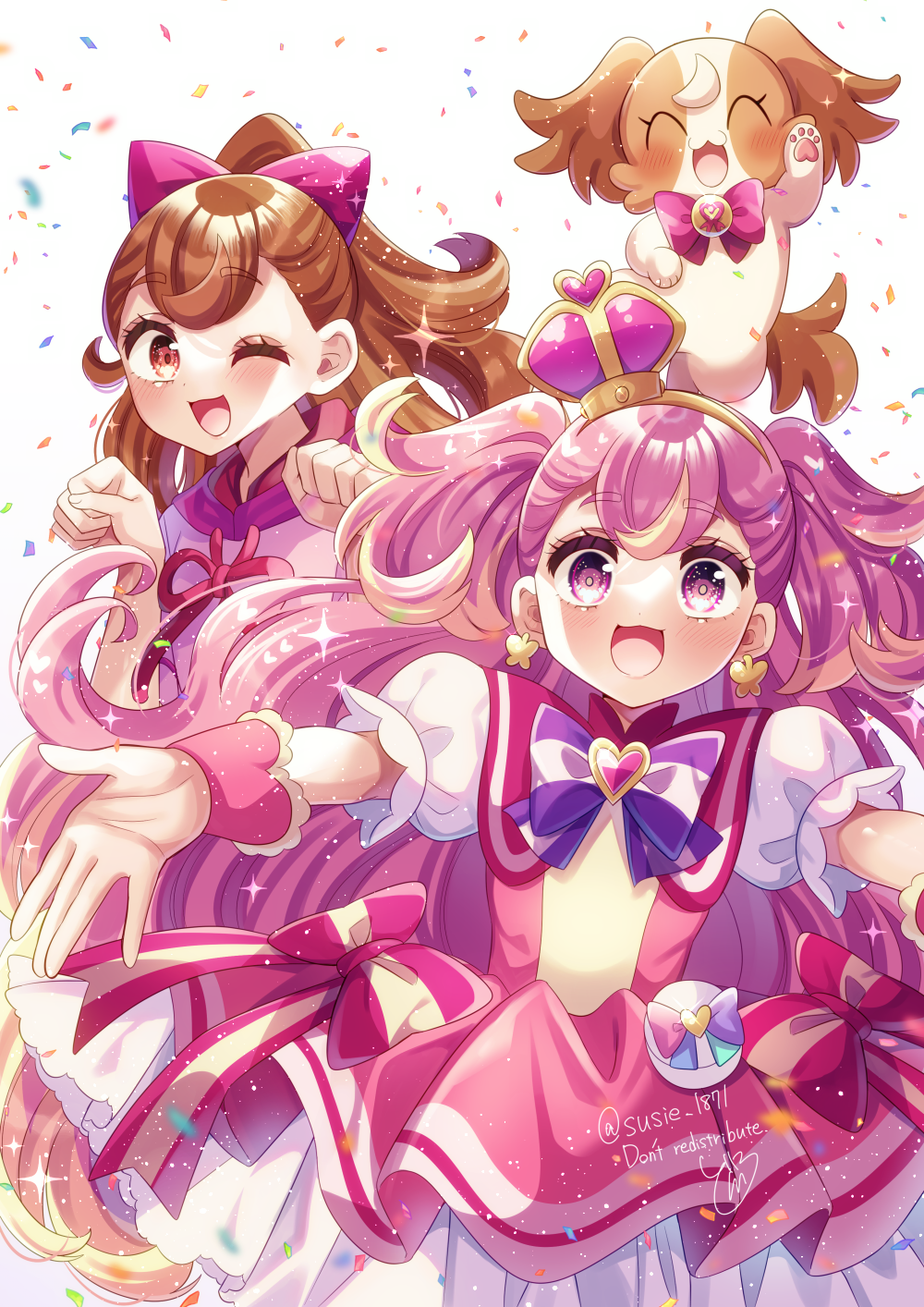 3girls, ;d, artist_name, blonde_hair, bow, bowtie, brooch, brown_hair