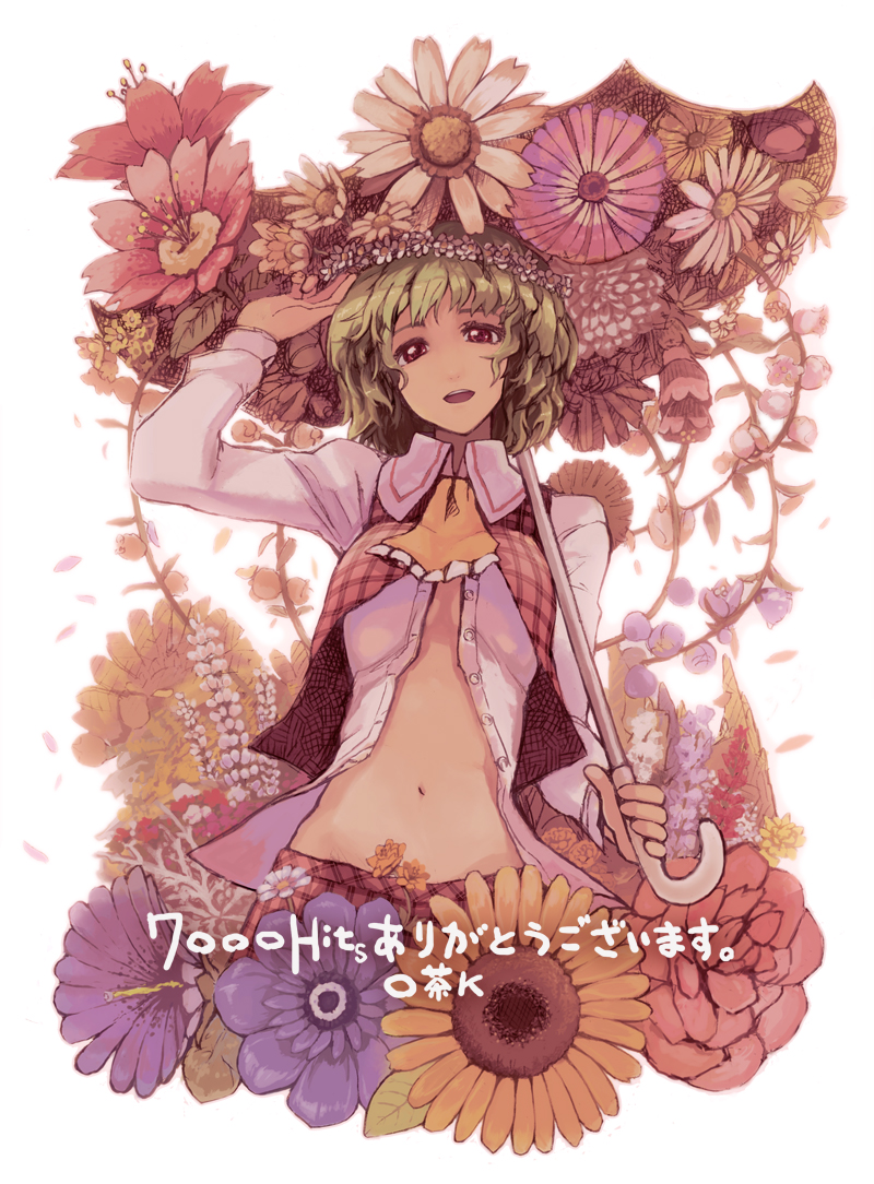 flower, ingen, kazami_yuuka, light_smile, navel, open_clothes, open_mouth, open_shirt