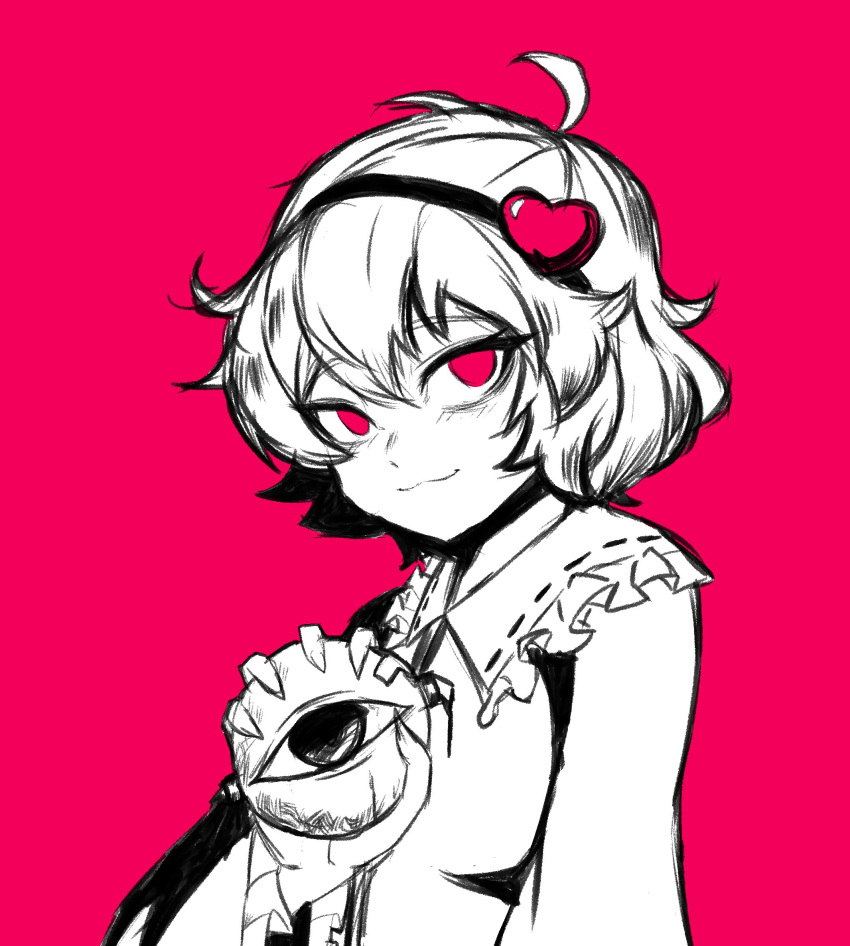 1girl, closed_mouth, commentary, frilled_shirt_collar, frills, hairband, highres, komeiji_satori, long_sleeves, looking_at_viewer, messy_hair, monochrome, red_eyes, sakamuotoo, short_hair, solo, third_eye, touhou, upper_body