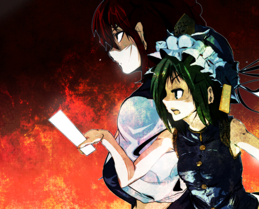 bare_shoulders, botsuo_ingen, fire, flame, green_eyes, green_hair, hat, highres, ingen, multiple_girls, no_sleeves, onozuka_komachi, open_mouth, profile, red_hair, redhead, shikieiki_yamaxanadu, short_hair, sleeveless, touhou