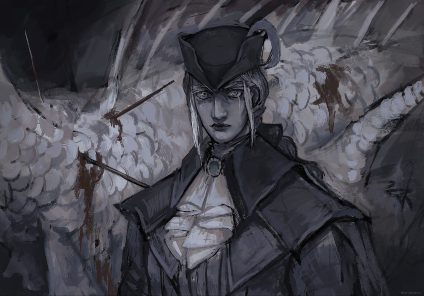 1girl, ascot, blood, bloodborne, buriedinembers, coat, crying, gem