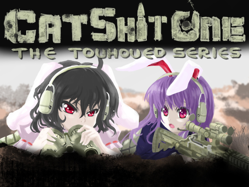 binoculars, black_hair, cat_shit_one, crossover, gun, headset, highres, inaba_tewi