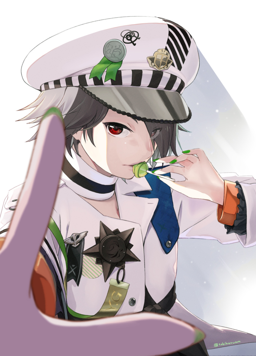 1girl, candy, coat_of_arms, commentary, diagonal-striped_clothes, diagonal-striped_hat, food, foreshortening, green_nails, green_ribbon, grey_hair, hair_over_one_eye, hat, highres, holding, holding_candy, holding_food, holding_lollipop, idol_clothes, insignia, isabella_(love_live!), jacket, lollipop, long_sleeves, looking_at_viewer, love_live!, love_live!_school_idol_festival, military_hat, military_uniform, peaked_cap, perspective, reaching, reaching_towards_viewer, red_eyes, ribbon, short_hair, solo, star_(symbol), striped_clothes, tokiharu, twitter_username, uniform, upper_body, white_hat, white_jacket
