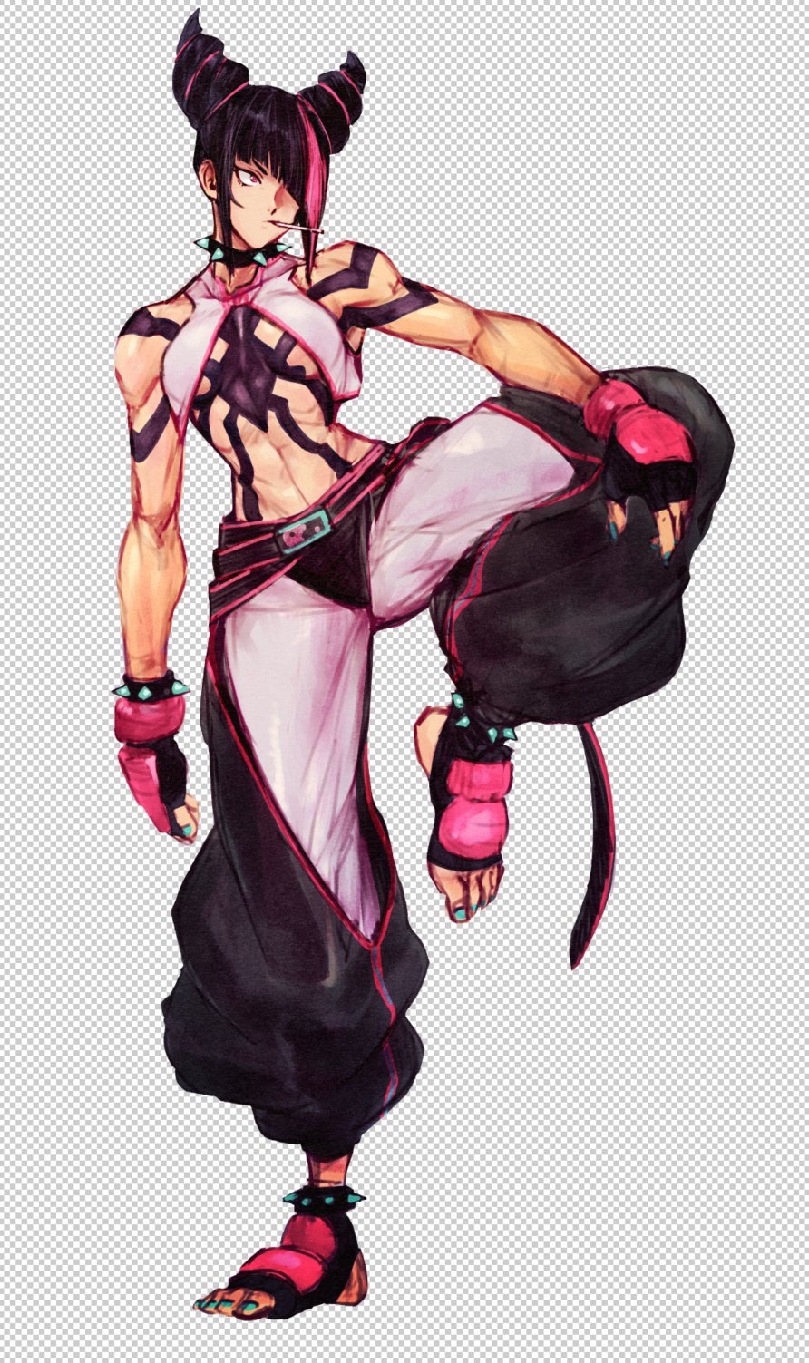 1girl, black_hair, bracelet, breasts, collar, david_liu, fingerless_gloves, full_body