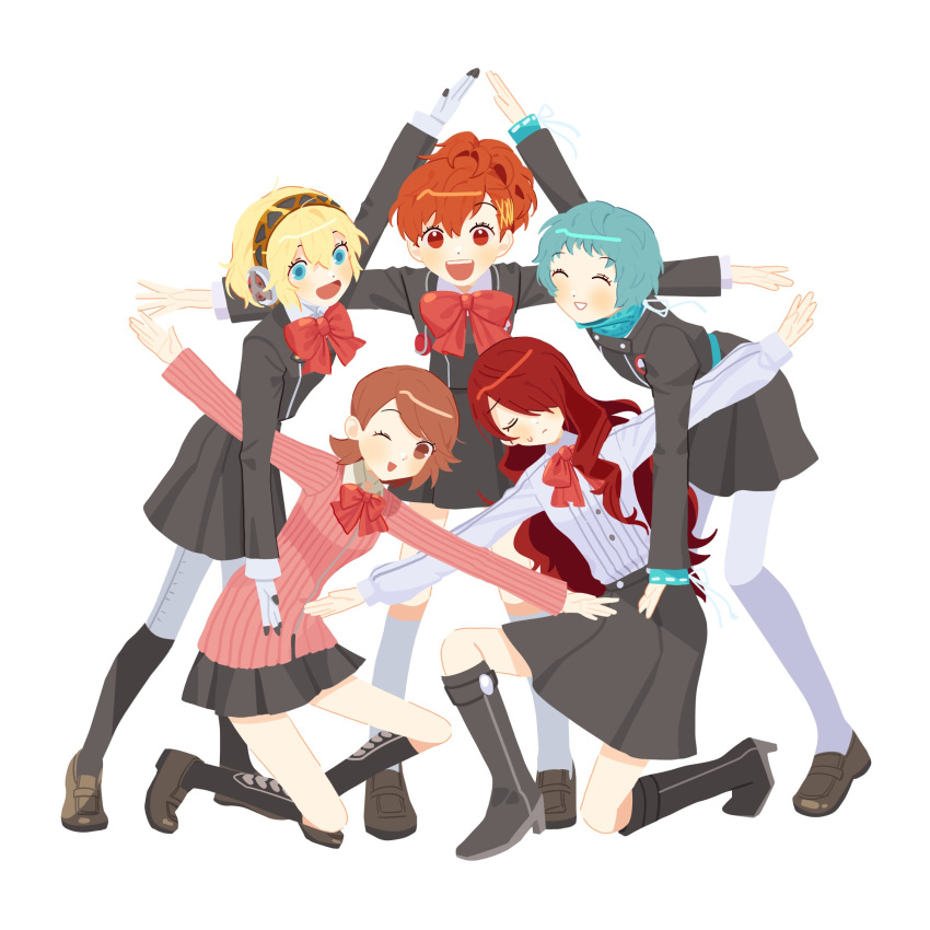 5girls, aegis_(persona), android, aqua_hair, arm_up, bent_over, black_footwear, black_jacket, black_skirt, black_socks, blonde_hair, blue_eyes, blush, boots, bow, bowtie, brown_eyes, brown_footwear, brown_hair, cardigan, choker, closed_eyes, closed_mouth, collared_shirt, commentary, earphones, finger_cannon, full_body, gekkoukan_high_school_uniform, hair_ornament, hair_over_one_eye, hairclip, headphones, headphones_around_neck, high_heel_boots, high_heels, high_ponytail, highres, jacket, joints, kirijou_mitsuru, knee_boots, kneehighs, leaning_forward, long_hair, looking_at_viewer, melkymelkii, miniskirt, multiple_girls, on_one_knee, one_eye_closed, open_mouth, outstretched_arms, pantyhose, parted_lips, persona, persona_3, persona_3_portable, pink_cardigan, pleated_skirt, posing, red_bow, red_bowtie, red_eyes, redhead, ribbed_cardigan, robot_ears, robot_joints, school_uniform, shiomi_kotone, shirt, short_hair, skirt, smile, socks, standing, star_arms, sweatdrop, swept_bangs, symbol-only_commentary, takeba_yukari, white_background, white_choker, white_pantyhose, white_shirt, white_socks, yamagishi_fuuka