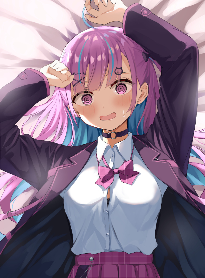 1girl, @_@, ahoge, black_choker, black_jacket, blue_hair, blush, cat_hair_ornament