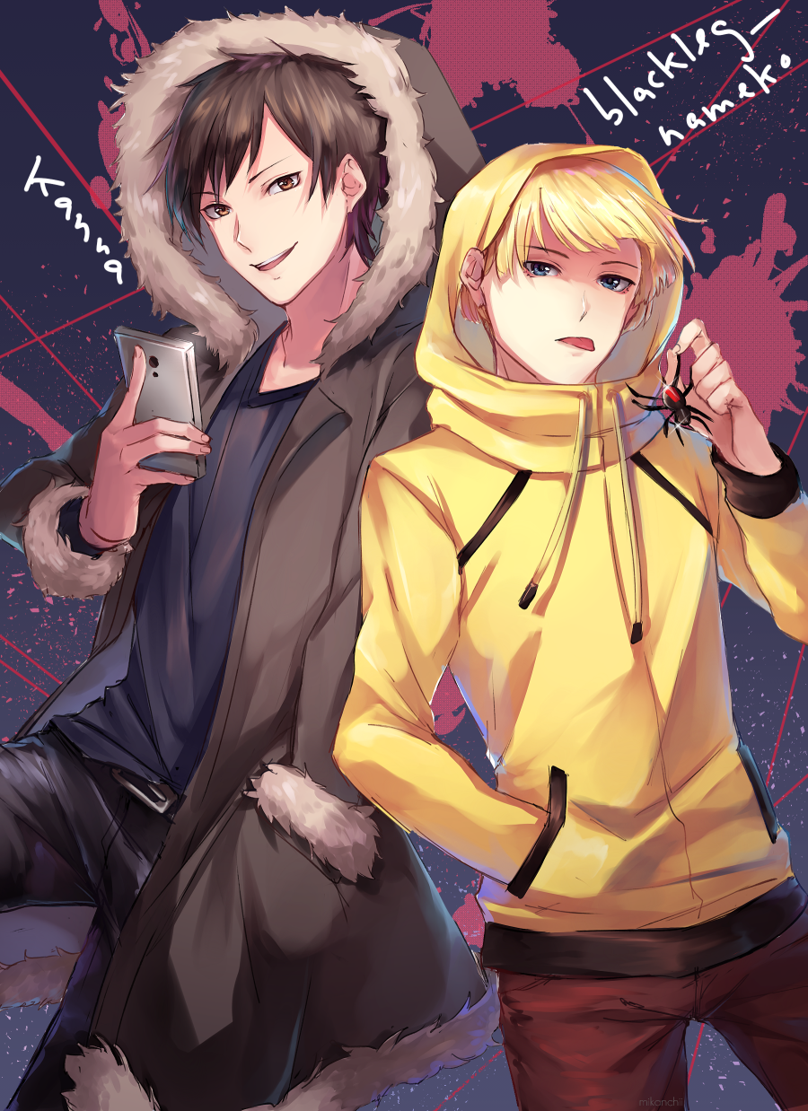 black_pants, blue_eyes, brown_coat, brown_hair, brown_pants, bug, coat, durarara!!