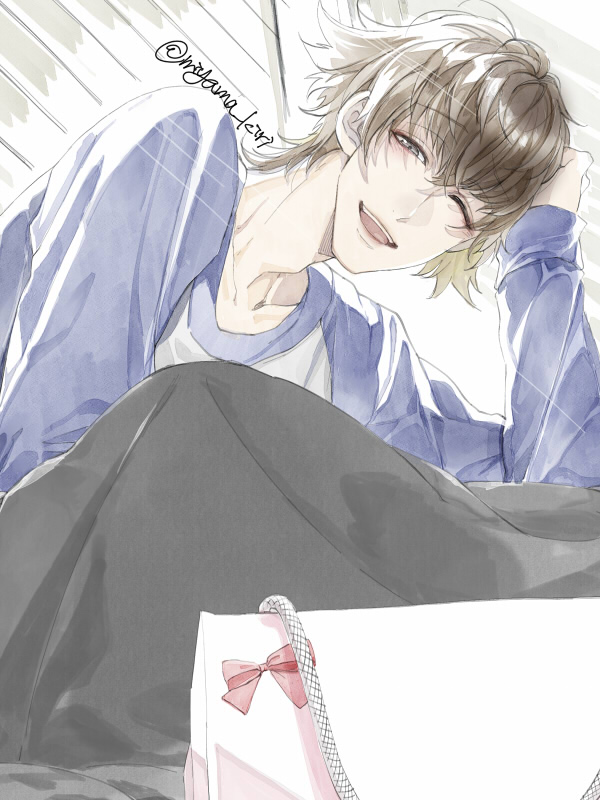 1boy, artist_name, bag, banba_zenji, blue_shirt, brown_hair, hakata_tonkotsu_ramens, handbag