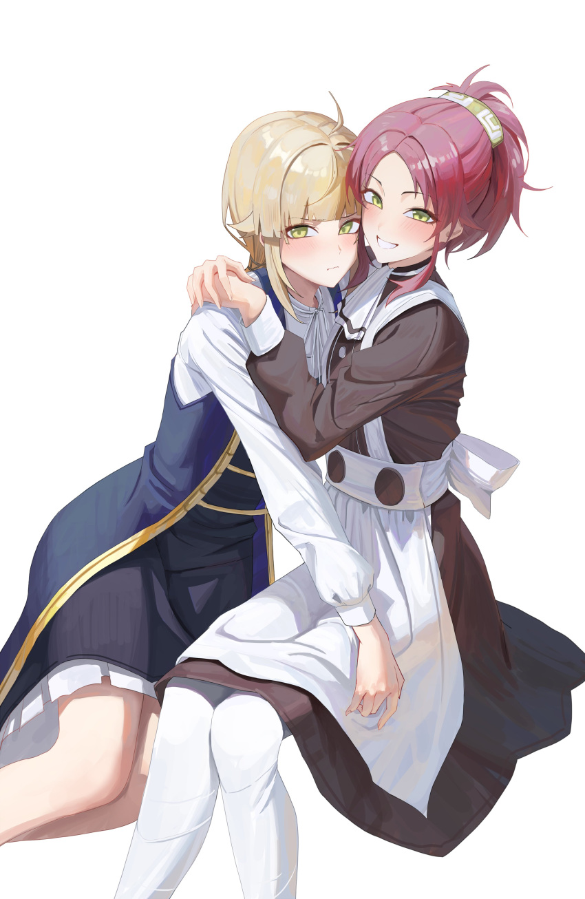2girls, absurdres, ahoge, aisha_greyrat, apron, arms_around_neck, black_dress, blonde_hair