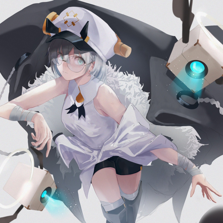 1girl, alchemy_stars, armor, armpit_peek, axelia_(alchemy_stars), bandaged_arm, bandages, black_footwear