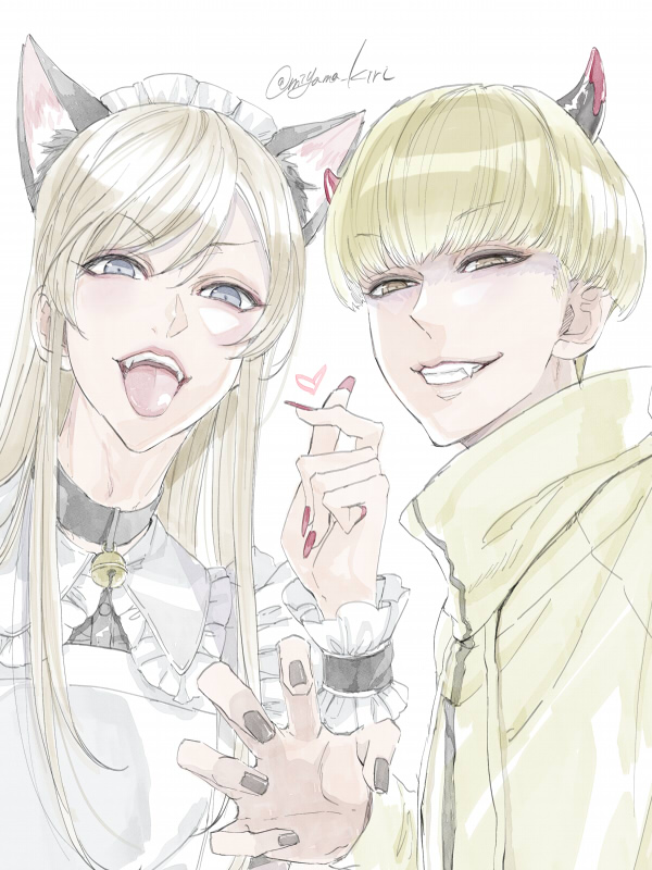 2boys, animal_ears, artist_name, bell, black_nails, blonde_hair, bowl_cut, cat_ears