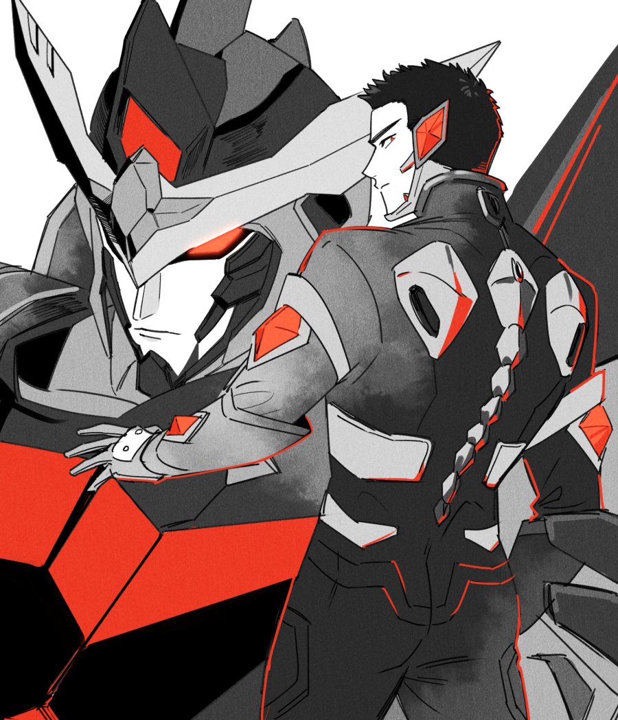 2boys, ao_isami, black_hair, bravern, cowboy_shot, looking_back, looking_to_the_side, maji_(m), male_focus, mecha, multiple_boys, pilot_suit, profile, robot, short_hair, simple_background, spot_color, white_background, yuuki_bakuhatsu_bang_bravern