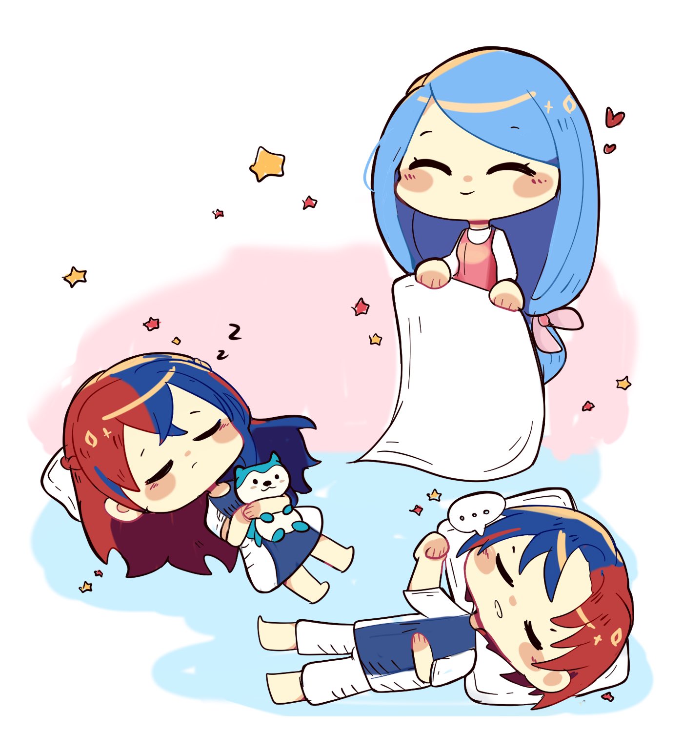 2boys, 2girls, alear_(female)_(fire_emblem), alear_(fire_emblem), alear_(male)_(fire_emblem), blanket, blue_hair, braid