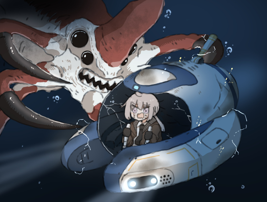 1girl, ahoge, air_bubble, black_gloves, black_necktie, brown_jacket, bubble, commentary_request