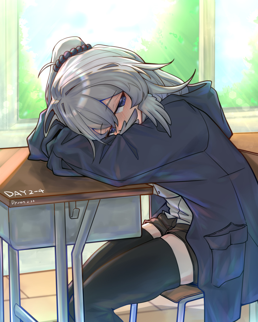 1girl, absurdres, arknights, black_jacket, black_shorts, black_thighhighs, blue_eyes, blush, chair, commentary_request, covered_mouth, dated, day, desk, feet_out_of_frame, gaoling_gangqin, grey_hair, hair_between_eyes, highres, hood, hood_down, hooded_jacket, indoors, jacket, long_hair, looking_at_viewer, mulberry_(arknights), nose_blush, on_chair, one_side_up, school_chair, school_desk, shirt, short_shorts, shorts, signature, sitting, solo, sunlight, thigh-highs, white_shirt, window