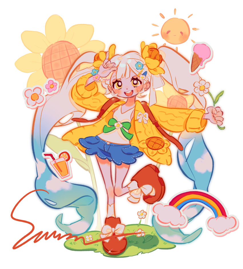 1girl, :d, absurdres, blonde_hair, blue_hair, blunt_bangs, blush, bow