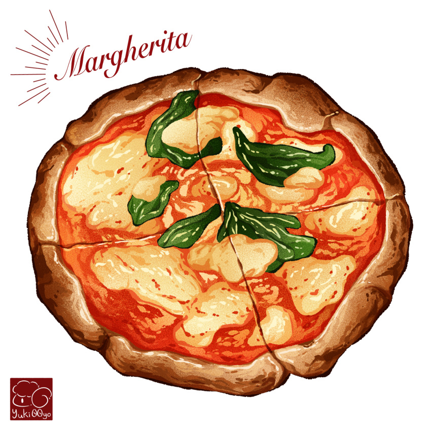 artist_logo, basil_leaf, cheese, food, food_focus, food_name, highres, margherita_pizza