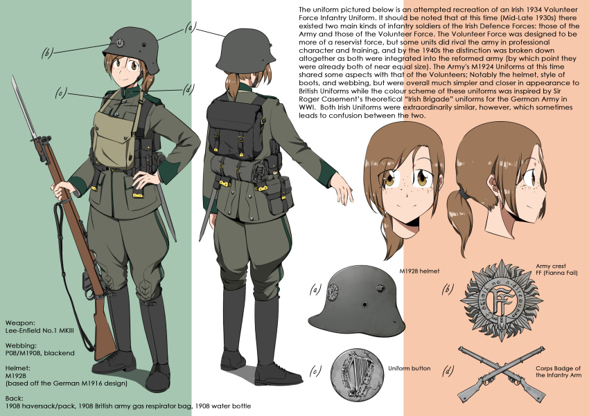 1girl, ammunition_pouch, backpack, bag, bayonet, bedroll, black_bag, black_footwear