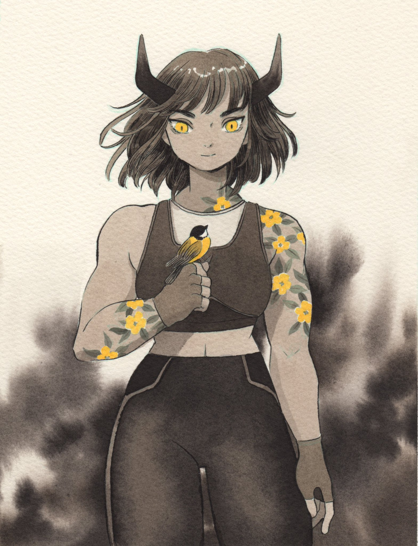 1girl, abstract_background, arm_tattoo, bird, bird_on_hand, chickadee, demon_girl, demon_horns, fingerless_gloves, flower_tattoo, gloves, grey_hair, heikala, highres, horns, midriff, muscular, muscular_female, original, painting_(medium), pants, short_hair, shoulder_tattoo, solo, sports_bra, spot_color, tattoo, traditional_media, watercolor_(medium), yellow_bird, yellow_eyes, yoga_pants