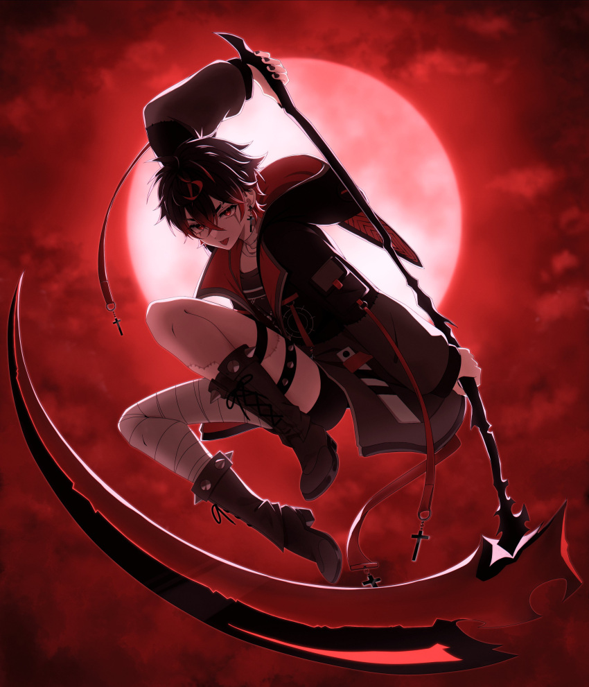 1boy, absurdres, animal_ear_hood, bandaged_leg, bandaged_neck, bandages, black_footwear, black_hair, black_hoodie, black_nails, black_shirt, black_shorts, boots, cross, cross_earrings, earrings, eyebrow_piercing, floating, full_moon, highres, holding, holding_scythe, hood, hood_down, hoodie, jewelry, kuro_kurenai, long_sleeves, looking_at_viewer, male_focus, moon, multicolored_hair, patchwork_skin, piercing, red_eyes, red_sky, redhead, scythe, shirt, short_hair, shorts, sky, solo, spiked_boots, spiked_thigh_strap, streaked_hair, sunshyne3, tongue, tongue_out, virtual_youtuber, vshojo