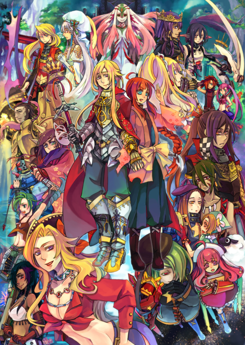 ballista_(sekaiju), beast_king_(sekaiju), blonde_hair, breasts, cleavage, crown, dark_skin, green_hair