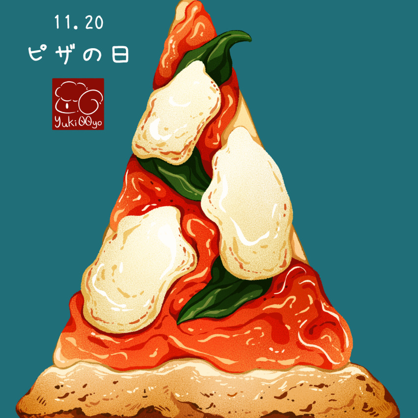 artist_logo, basil_leaf, blue_background, cheese, dated, food, food_focus, highres