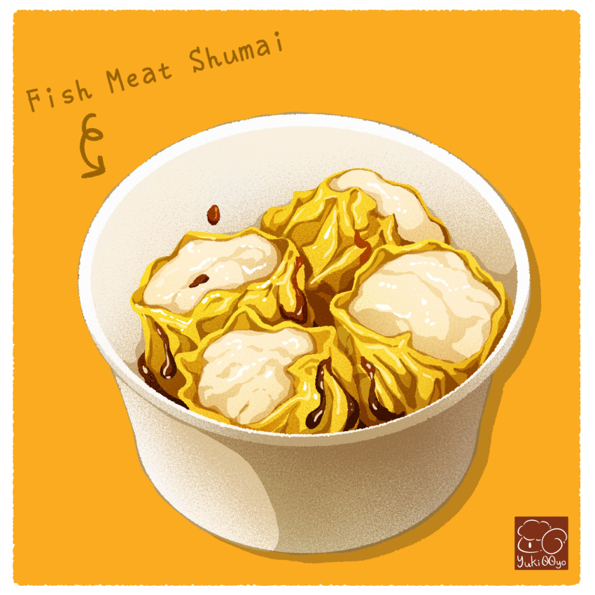 artist_logo, border, bowl, dumpling, fish_(food), food, food_focus, food_name