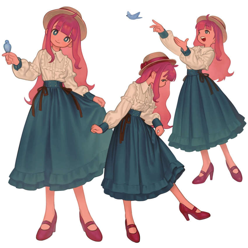 1girl, ahoge, aqua_eyes, bird, bird_on_hand, blunt_bangs, boater_hat, bright_pupils
