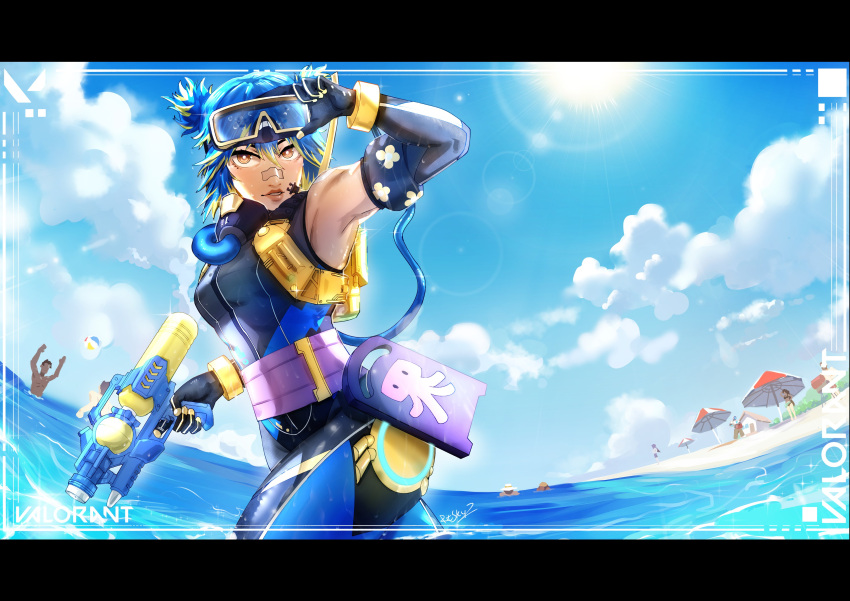 1girl, absurdres, alternate_costume, animification, ball, beach, beachball, black_gloves