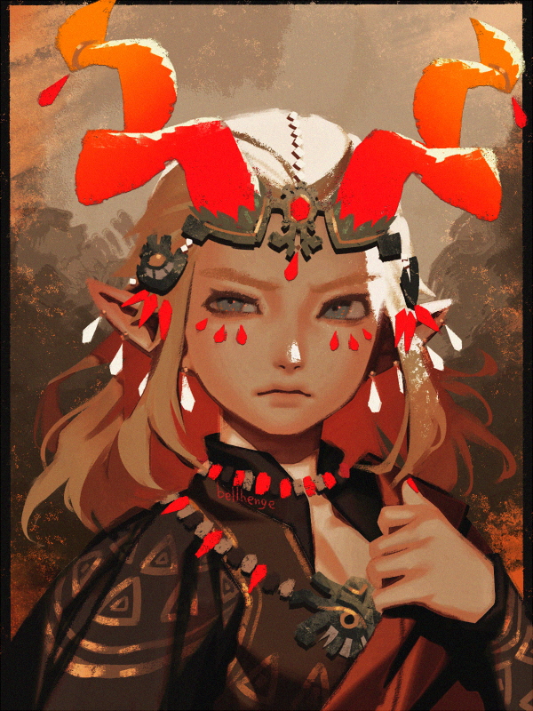 1boy, artist_name, bellhenge, blonde_hair, blue_eyes, earrings, ember_set_(zelda), facepaint, fake_horns, horned_headwear, horns, jewelry, link, male_focus, medium_hair, pointy_ears, solo, the_legend_of_zelda, the_legend_of_zelda:_tears_of_the_kingdom
