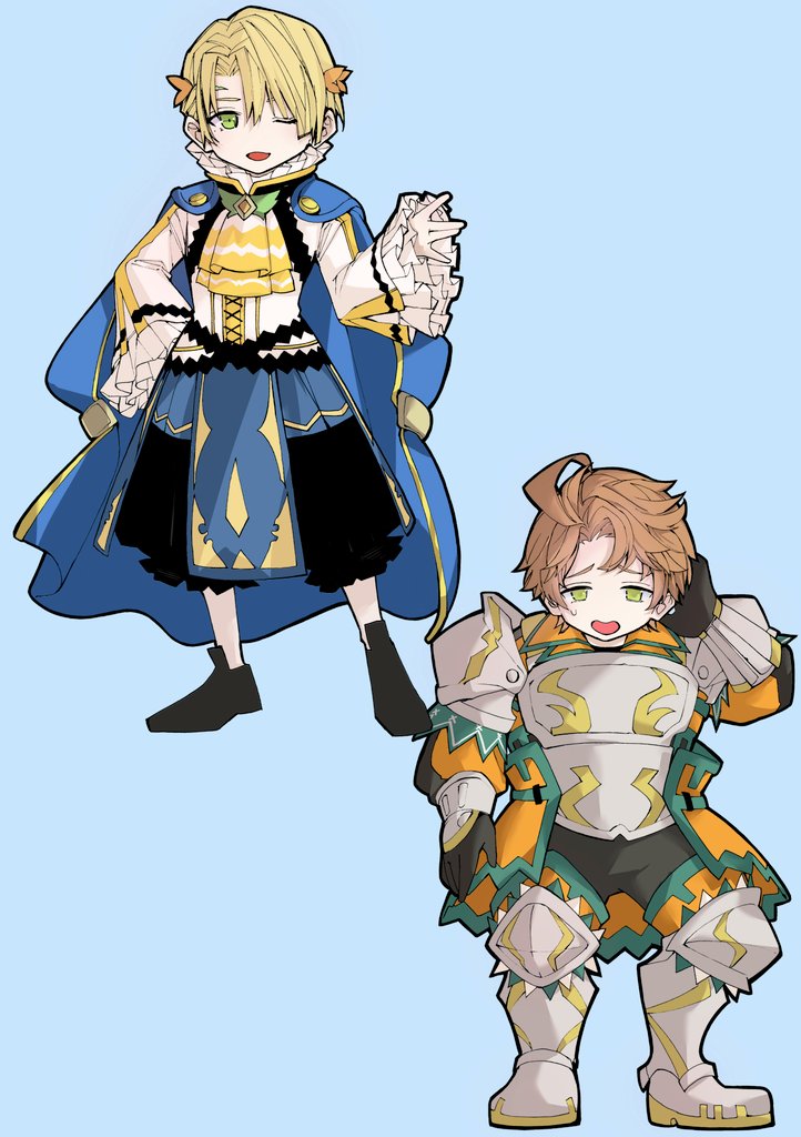 2boys, alfred_(fire_emblem), armored_boots, ascot, blonde_hair, blue_cape, boots, boucheron_(fire_emblem)