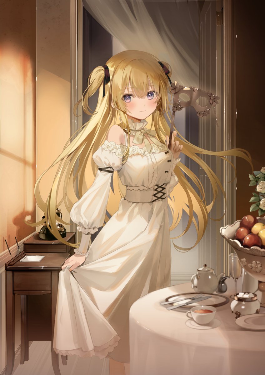 1girl, antique_phone, black_ribbon, blonde_hair, champagne_flute, collar, cup, curtains