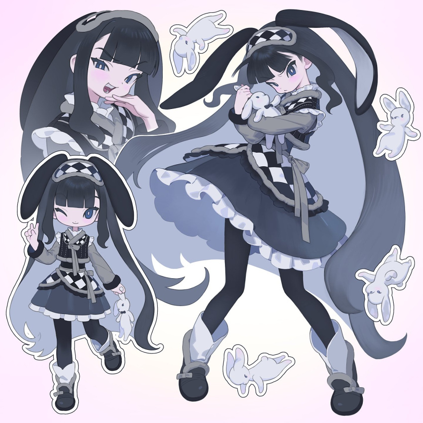 1girl, animal_ears, black_dress, black_footwear, black_hair, black_leggings, blunt_bangs, checkered_clothes