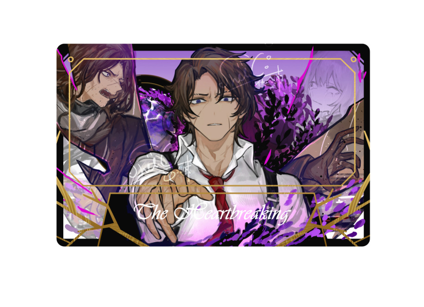 1girl, 2boys, brown_gloves, brown_hair, catherine_(project_moon), collared_shirt, dark-skinned_male, dark_skin