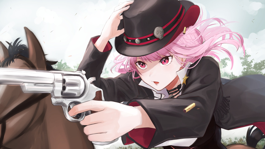 1girl, absurdres, aiming, bako_tsu, black_choker, black_coat, black_hat, blunt_bangs