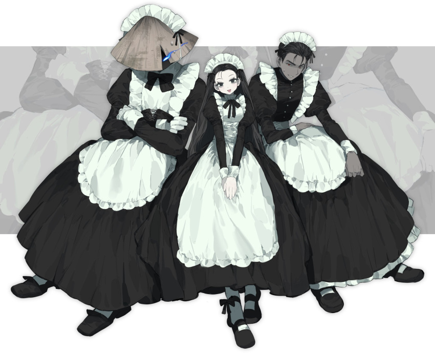 1girl, 2boys, aeng-du_(project_moon), anzekeye, apron, bamboo-hatted_kim, black_corset, black_dress