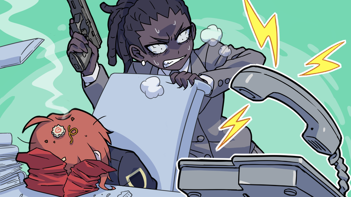 2girls, angry, black_hair, bloodshot_eyes, book, book_stack, brown_hair, commentary