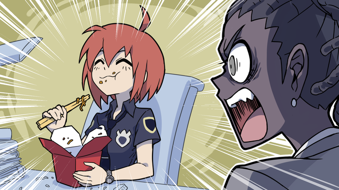 2girls, black_hair, book, book_stack, breasts, brown_hair, chair, chinese_food, chopsticks, closed_eyes, commentary, cornrows, dark-skinned_female, dark_skin, desk, desk_lamp, earrings, eating, emphasis_lines, food, food_on_face, helltaker, holding, holding_chopsticks, indoors, jewelry, kyo-hei_(kyouhei), lamp, messy, multiple_girls, noodles, open_mouth, oyster_pail, police, police_(helltaker), police_badge, police_swat_(helltaker), police_uniform, policewoman, short_hair, short_sleeves, sitting, smile, symbol-only_commentary, takeout_container, teeth, uniform, very_dark_skin, watch, watch