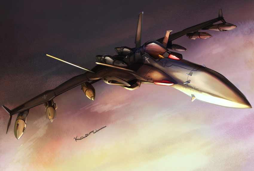 absurdres, anti-u.n., bomb, canards, canopy_(aircraft), clouds, dusk, dutch_angle