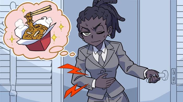 1girl, black_hair, breasts, chinese_food, chopsticks, commentary, cornrows, cowboy_shot