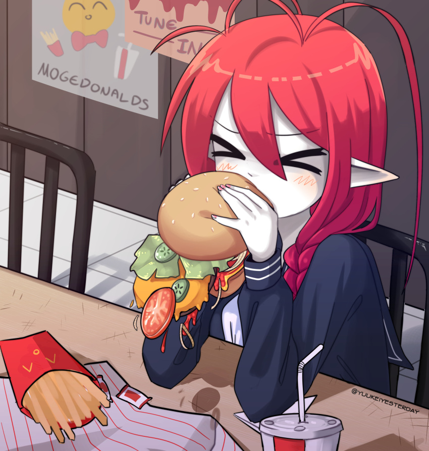 >_<, 1girl, antenna_hair, black_sailor_collar, black_serafuku, blush, braid, burger, chair, cheese, closed_mouth, colored_skin, cup, disposable_cup, drinking_straw, eating, english_commentary, fast_food, food, french_fries, funamusea, hair_between_eyes, highres, holding, holding_burger, holding_food, ketchup, lettuce, lobco_(funamusea), neckerchief, onion, oounabara_to_wadanohara, pickle, pink_nails, pointy_ears, poster_(object), redhead, redscarfy, sailor_collar, school_uniform, serafuku, single_braid, solo, table, tile_floor, tiles, tomato, tomato_slice, twitter_username, white_neckerchief, white_skin