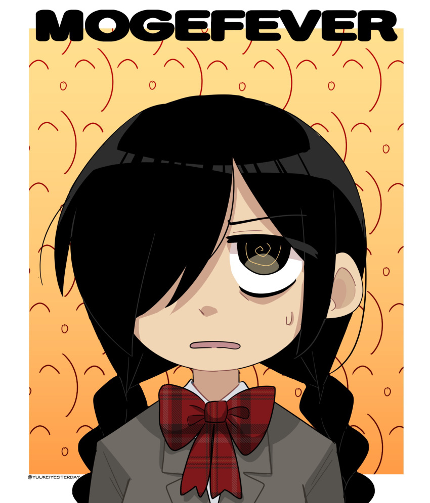 1girl, black_eyes, black_hair, border, bow, bowtie, braid, brown_jacket, english_commentary, english_text, funamusea, hair_over_one_eye, highres, jacket, jitome, kurai_yonaka, long_hair, looking_up, mogeko_castle, open_mouth, patterned_background, plaid, plaid_bow, plaid_bowtie, red_bow, red_bowtie, redscarfy, shirt, sidelocks, small_sweatdrop, solo, text_focus, twin_braids, twitter_username, upper_body, white_border, white_shirt, yellow_background