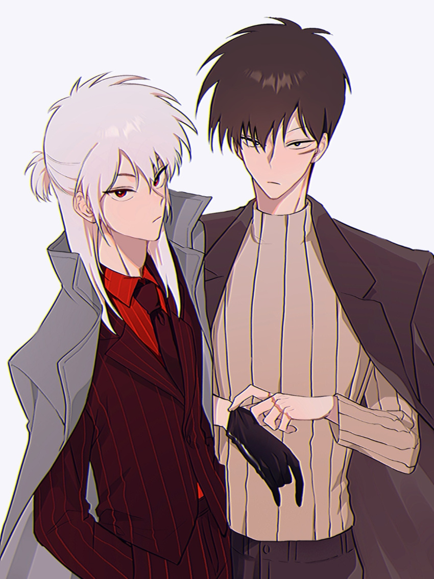 2boys, adjusting_clothes, adjusting_gloves, akagi_kaiji, black_coat, black_eyes, black_gloves, black_necktie